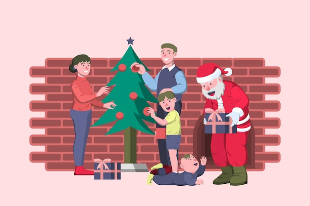 Famiglia che celebra il natale con babbo natale - santa activity