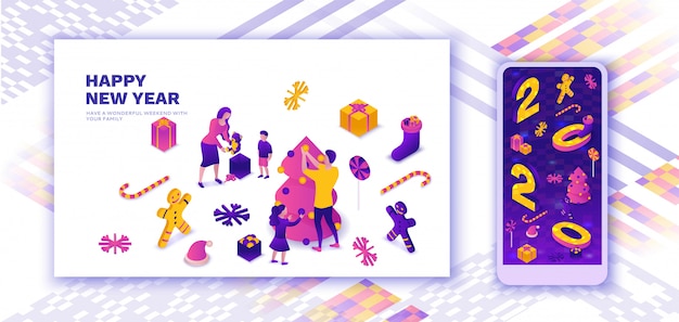 새해 방문 페이지, 아이소 메트릭 3d 그림을 축하하는 가족
