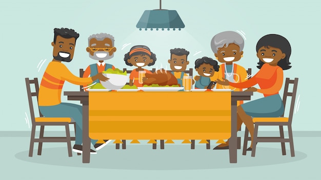 Vector family celebrating thanksgiving holiday card.