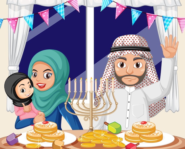 Vector a family celebration hanukkah in cartoon style