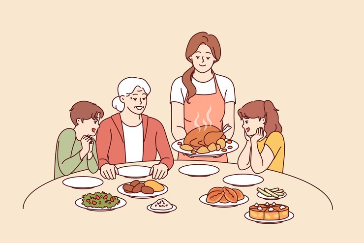 Vector 공동 저녁 식사와 맛있는 전통과 함께 감사의 가족 축제 칠면조