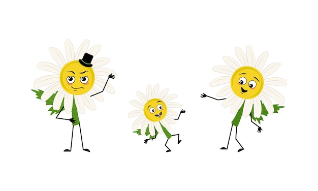 Family of chamomile character with happy emotions smile face happy eyes arms and legs Mom is happy dad is wearing hat and child is dancing Vector flat illustration