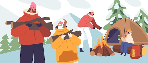 居心地の良いキャンプファイヤーで冬キャンプをする家族のキャラクター