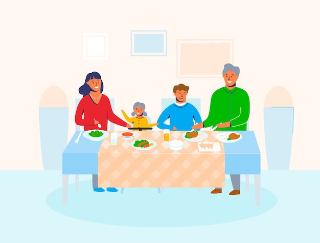 Family characters at home with children sitting at table eating food and talking to each other. happy cartoon mother, father, daughter and son on holiday dinner.