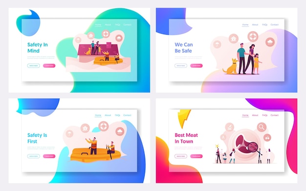 Family Characters Need Help at Flood Landing Page Template Set.