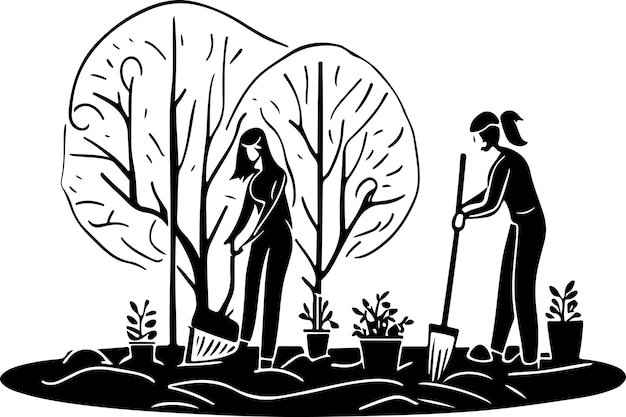 Family Chores Vector Silhouette gardening planting and garden cleaning