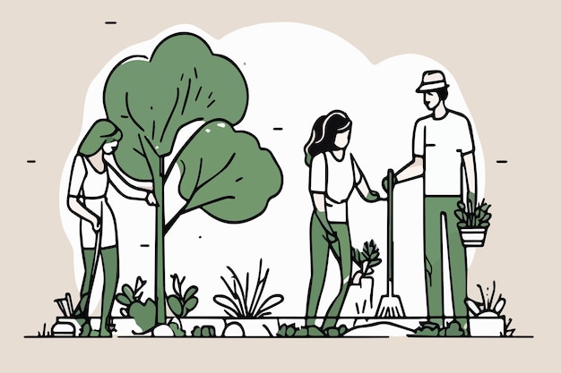 Family Chores Vector Silhouette gardening, planting and garden cleaning.