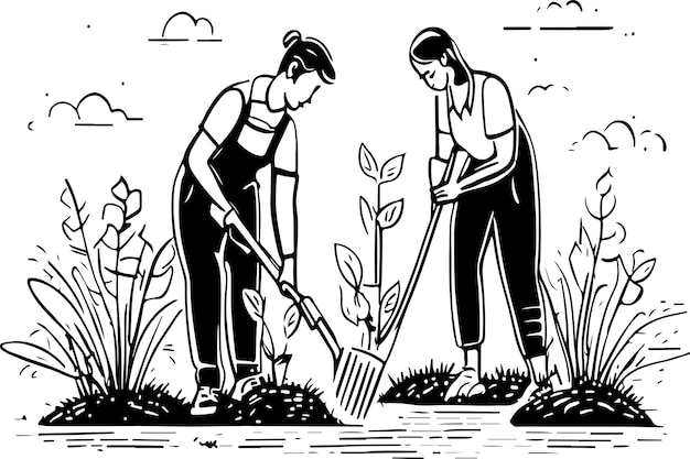 Family chores vector silhouette gardening, planting and garden cleaning.