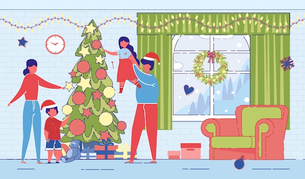 family on christmas or new year around xmas tree.