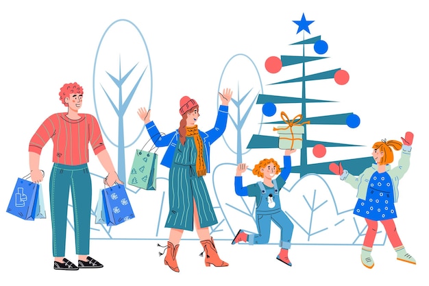 Vector family on christmas and new year holiday shopping flat vector isolated