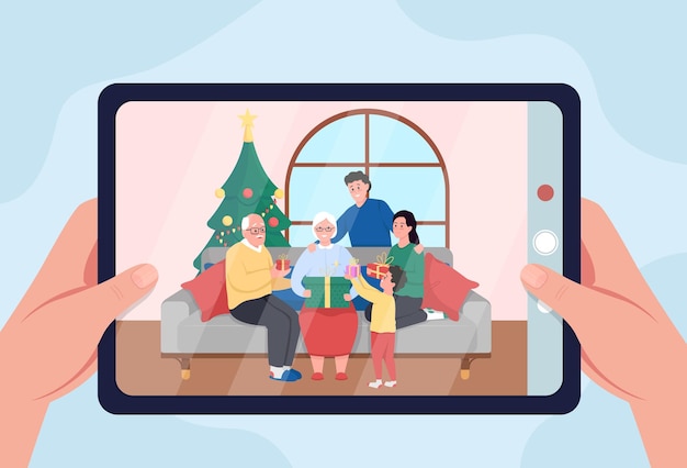 Vector family christmas photo on tablet flat color vector illustration