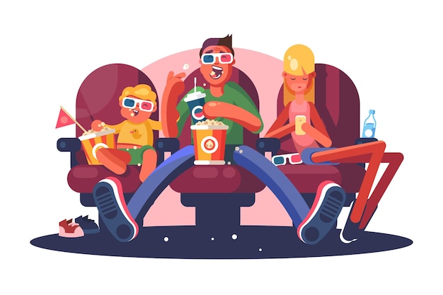 Vector family in cinema watching movie flat poster