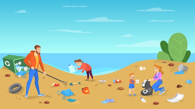 Family clean the beach. people put away garbage