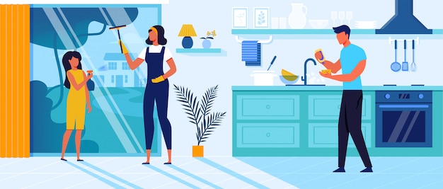 Family cleaning up home   illustration