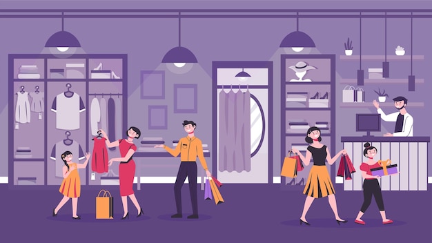 Vector family clothes shopping composition