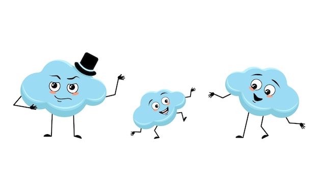 Family of cloud character with happy emotions and poses smile\
face happy eyes arms and legs mom is happy dad is wearing hat and\
child with dancing pose vector flat illustration