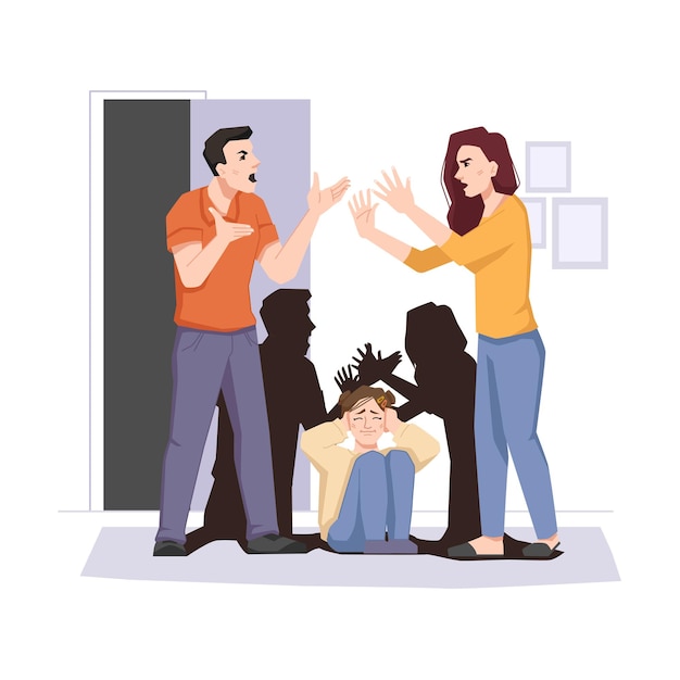 Vector family conflict quarreling couple and afraid child