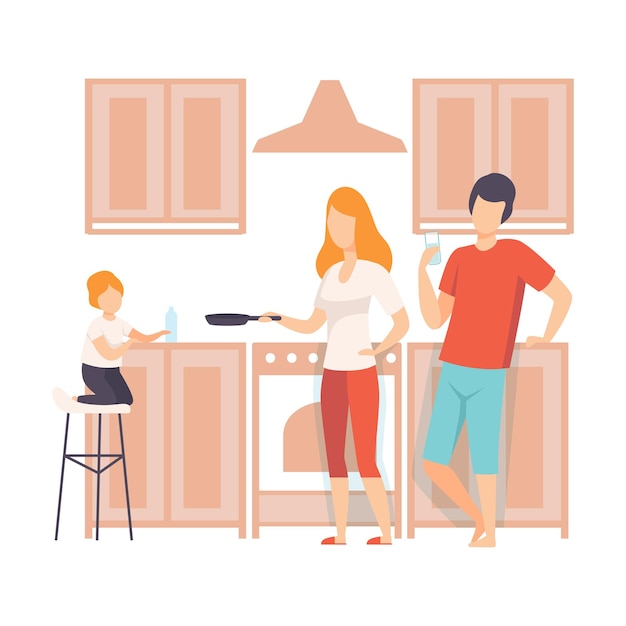 Vector family cooking food in the kitchen together parents and their son in everyday life at home vector illustration on white background