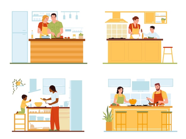 Family cooking Happy couples parents with children prepare lunch and dinner people in home kitchen little boys help moms with food preparation vector cartoon isolated culinary set