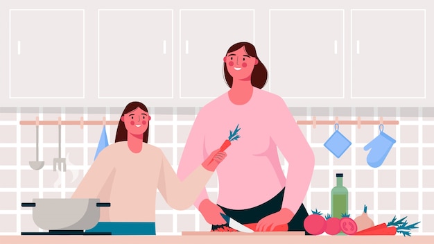 Family cooking in the kitchen in flat design