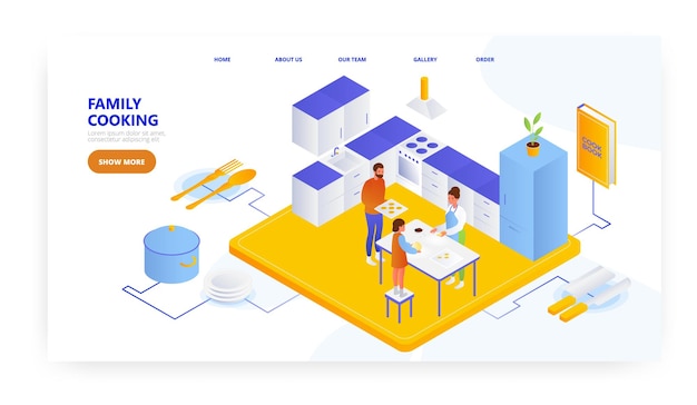 가족 요리 방문 페이지 디자인 웹사이트 배너 벡터 템플릿 아버지 어머니와 딸 쿠키 만들기