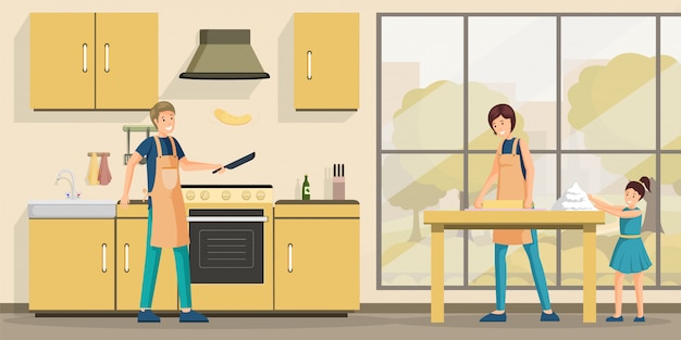 Vector family cooking lunch flat  illustration.