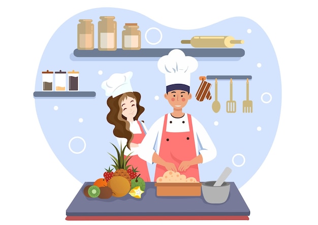family cooking man cooking a woman stands and smiles to encourage vector illustration