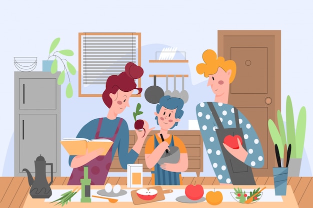 Vettore famiglia che cucina, la gente nella cucina illustrationfamily che cucina