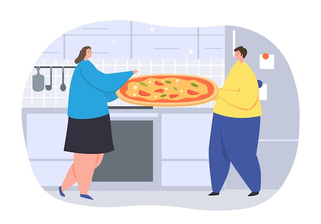 Вектор Семейная кухня пиццы концепция мужской персонаж держит большой поднос с аппетитной закуской женщина добавляет