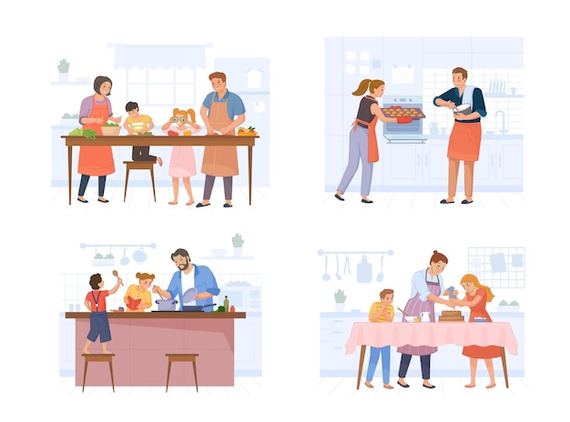 Family cooking together Cook food at kitchen eating dinner home meal eat culinary table mother chef and child preparing bake a cake set swanky vector illustration