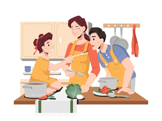 Family cooking together in kitchen daughter helping mom and dad to prepare food for dinner or