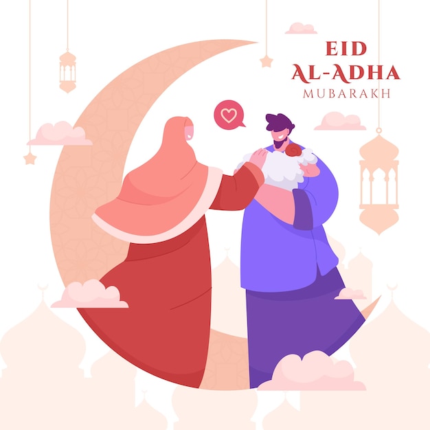 Family couple celebrating eid al adha mubarak background with sheep and crescent moon for greeting card