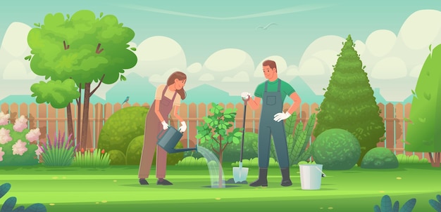 Vector family couple is planting a tree in the backyard garden of the house man and woman gardeners country