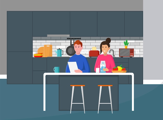 family couple in the kitchen about to cook man and woman in the kitchen vector illustration