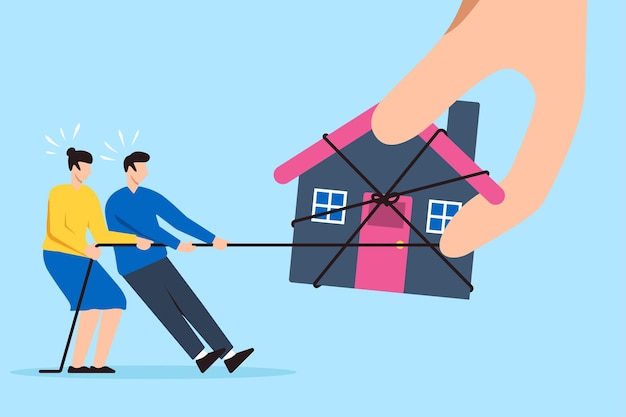 Vector family couple pulling rope to defend their house from big legal hand in flat design