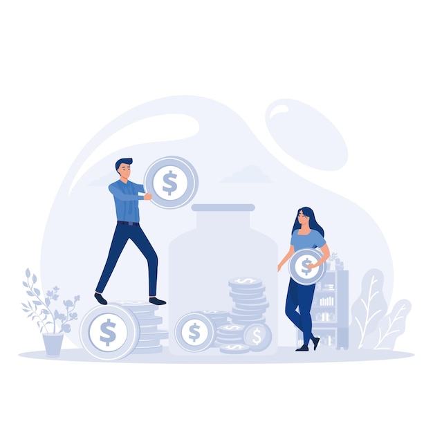 Family couple saving money Man and woman inserting cash into glass jar flat vector modern illustration