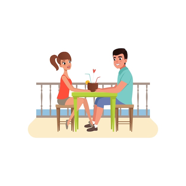 ビーチの近くのカフェに座ってカクテルを飲んでいるカップルロマンチックなデートで男性と女性ベクトル白い背景に隔離されたイラスト