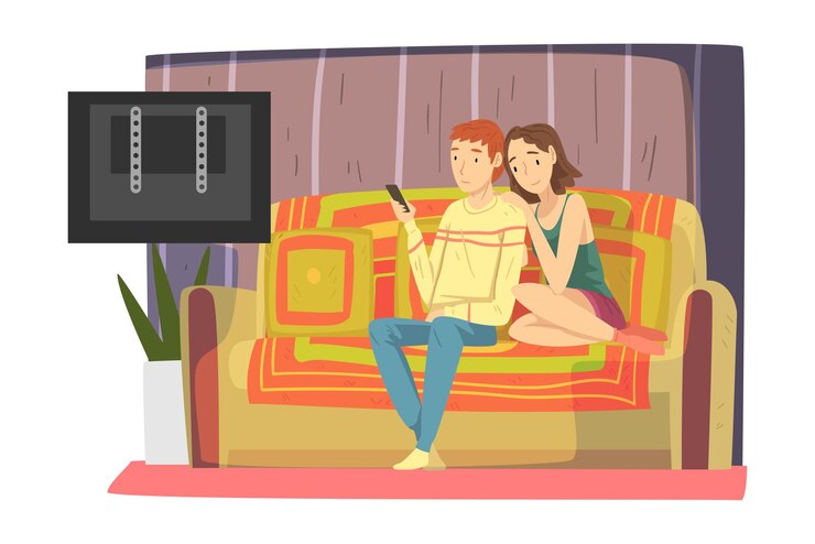 Vector family couple sitting on cozy couch in living room cute male and female characters watching tv staying at home vector illustration