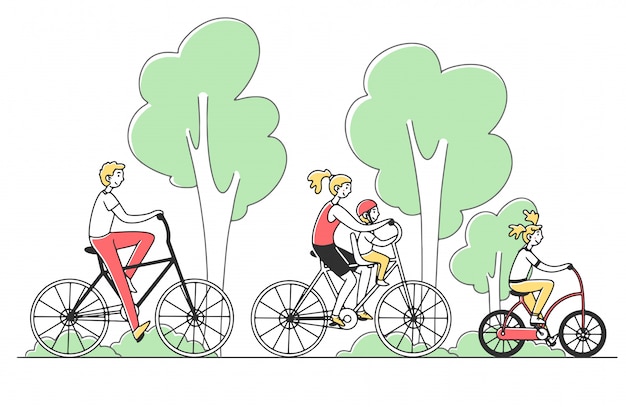 Vector family couple with two kids riding bikes outdoors