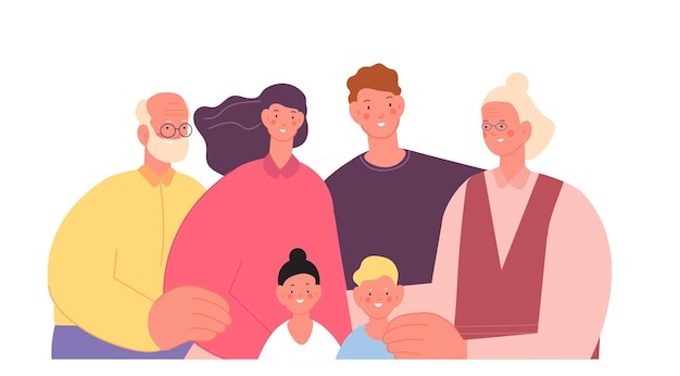 Family crowd Protection and supporting hug parents or child Insurance concept diverse age friends Happy senior with children utter vector scene