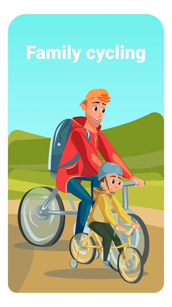 Family cycling cartoon father bike son bicycle