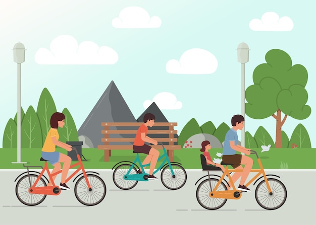 Famiglia in bicicletta nel parco, illustrazione di attività all'aperto della famiglia