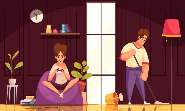 Семейный распорядок дня мультяшный фон с женой, сидящей в кресле, играя в компьютерную игру, и мужем, убирающим пол, плоскую иллюстрацию