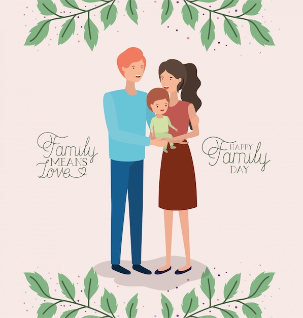 Card famiglia giorno con i genitori e il figlio foglie corona