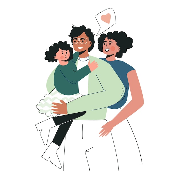 Family day concept 흑인 아프리카계 미국인 남자와 여 자가 그들의 딸과 함께 포옹. 다인종 귀여운 가족, 아이가 있는 커플. 행복한 육아와 어린 시절. 평면 벡터 일러스트 레이 션