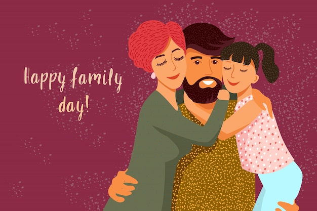 Vector family day. cute flat cartoon father, mother and daughter with text. horizontal