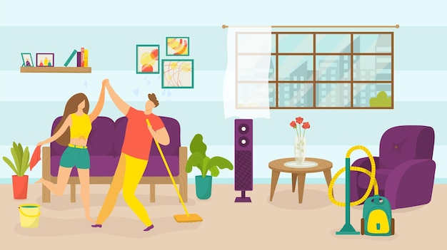 Family day with music vector illustration man woman people\
character make housework happy people