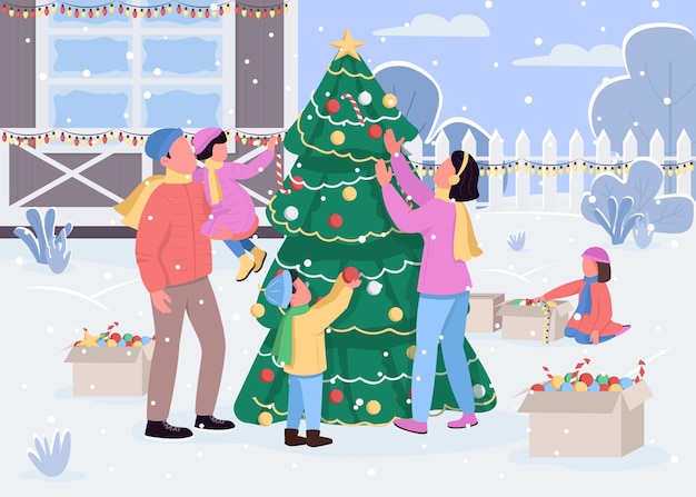 La famiglia decora l'illustrazione di colore piatto dell'albero di natale