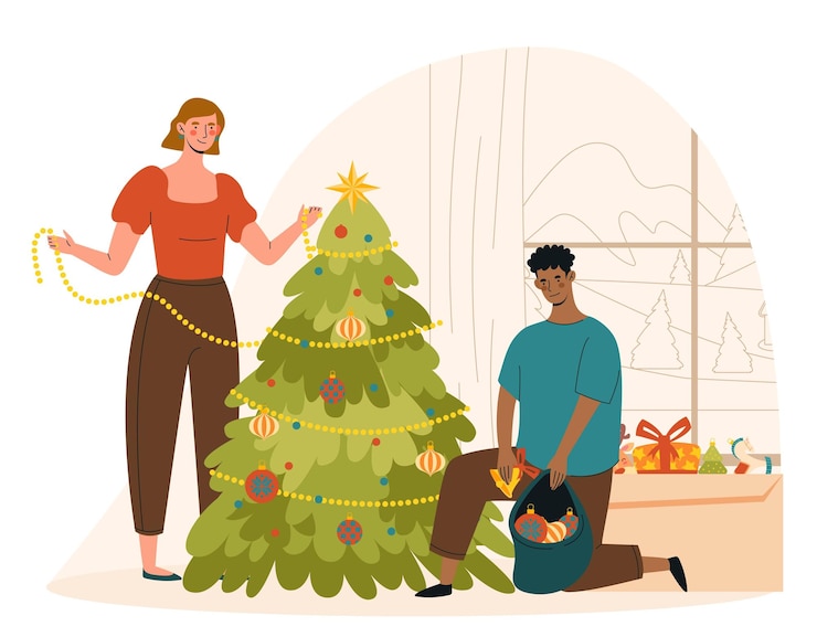 Vector family decorate xmas tree