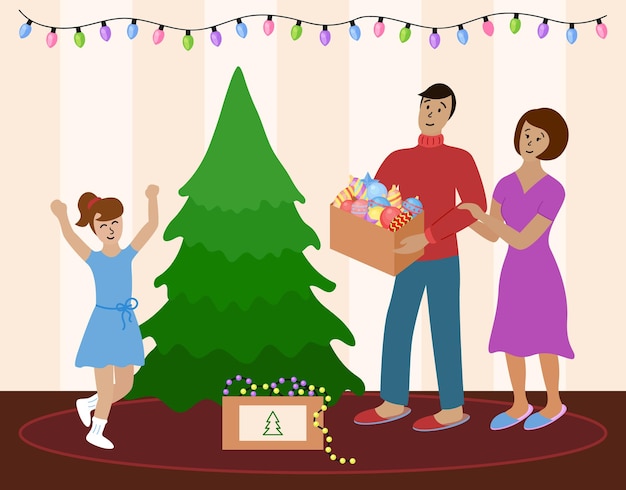 Family decorates christmas tree together mom dad and daughter going to prepare for celebration